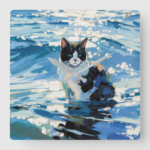 Cat And The Ocean (#1) Square Wall Clock