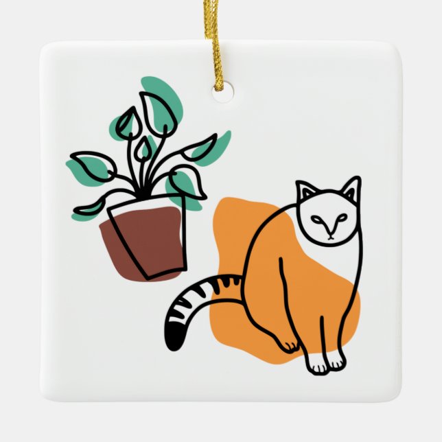 Cat and the plant ceramic ornament (Front)