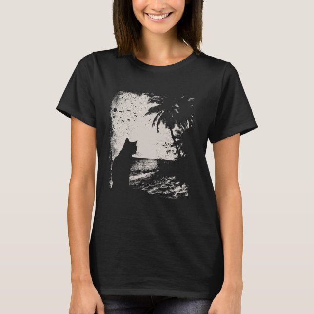 Cat and Tropical Beach T-Shirt (Front)