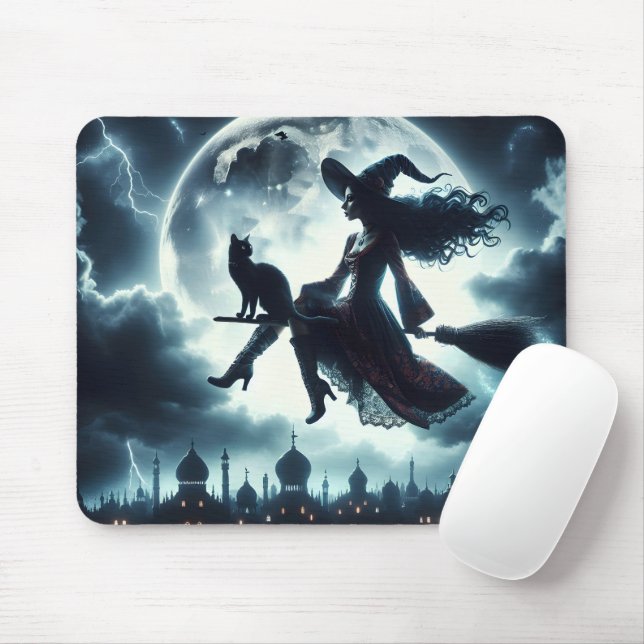 Cat and Witch Flying On a Broomstick Mouse Pad (With Mouse)