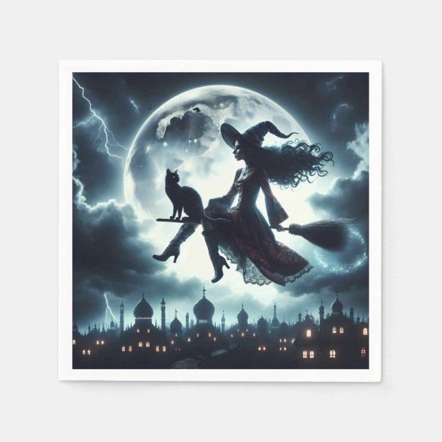 Cat and Witch Flying On a Broomstick Napkin (Front)