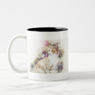 Cat Animal Flowers Art Eyes Abstract Watercolor. Two-Tone Coffee Mug