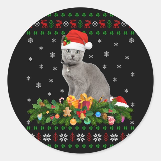Cat Animal Lover Santa Hat Ugly Russian Blue Cat Classic Round Sticker (Front)
