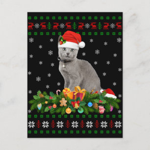 Cat Animal Lover Santa Hat Ugly Russian Blue Cat Postcard