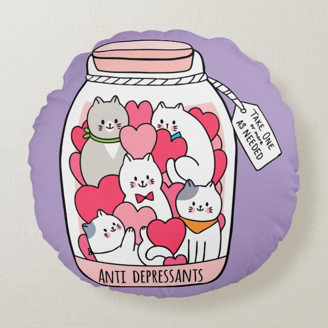 Cat Antidepressant Funny Cat Lover Gift Round Pillow (Front)