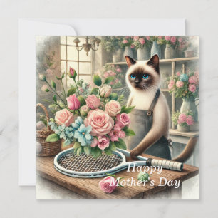 Cat Arranging Beautiful Flowers for Tennis Player Holiday Card