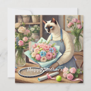 Cat Arranging Beautiful Flowers for Tennis Player Holiday Card