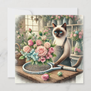 Cat Arranging Beautiful Flowers for Tennis Player Holiday Card