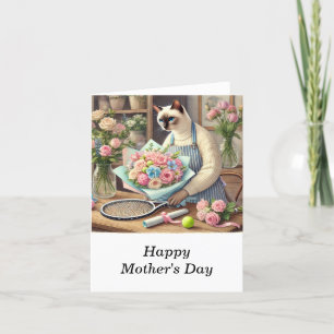 Cat Arranging Beautiful Flowers for Tennis Player  Holiday Card