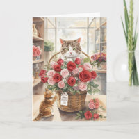 Cat arranging flower roses basket Valentine's Day 
