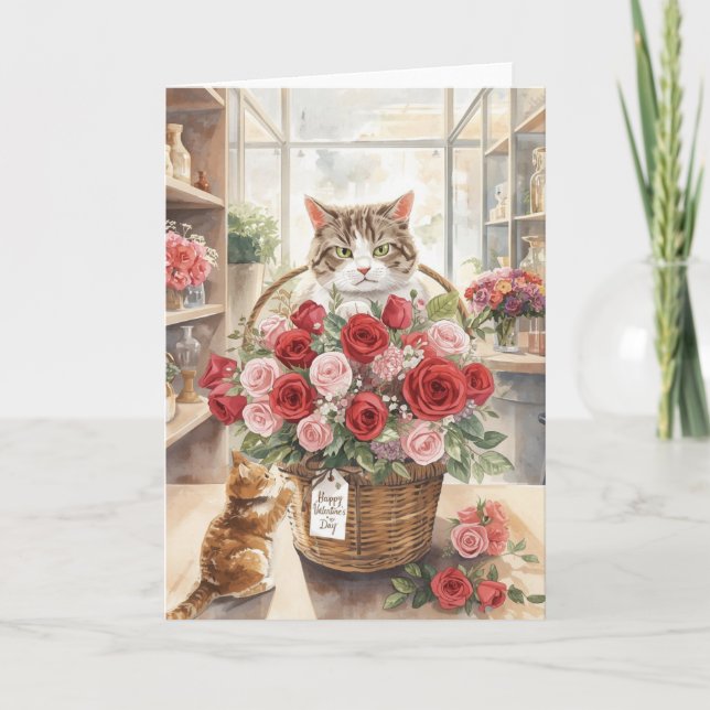 Cat arranging flower roses basket Valentine's Day  Card (Front)