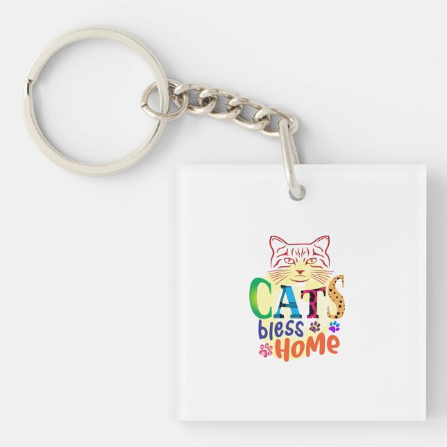 Cat Art Cats Bless Home Keychain (Front)