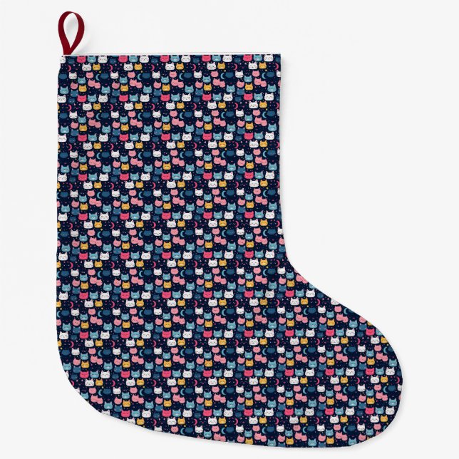 Cat Art | Cute Cat Faces Large Christmas Stocking (Front)