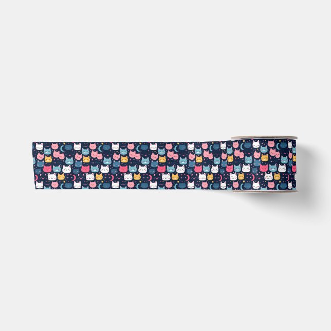 Cat Art | Cute Cat Faces Satin Ribbon (Front)