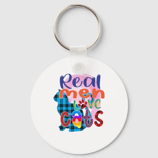 Cat Art Real Men Love Cats Keychain (Front)