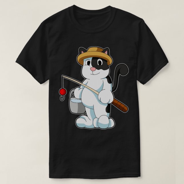 Cat as Angler with Bucket of Water T-Shirt (Design Front)