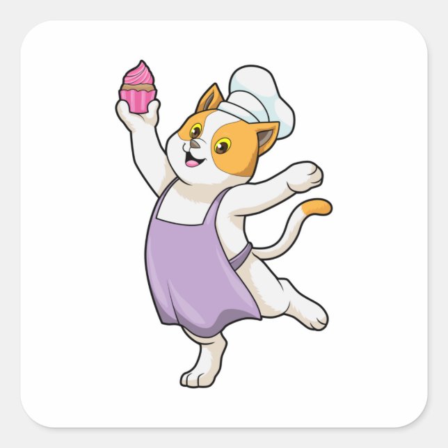 Cat as Cook with Cooking apron & Muffin Square Sticker (Front)