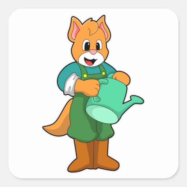 Cat as Farmer with Watering can Square Sticker (Front)