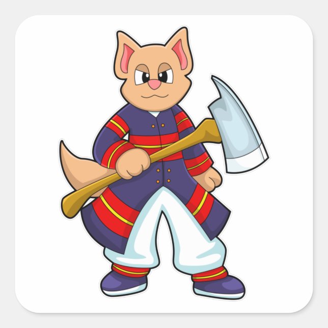 Cat as Firefighter at Fire department with Axe Square Sticker (Front)