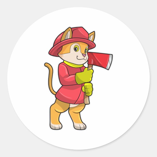 Cat as Firefighter with Axe Classic Round Sticker (Front)
