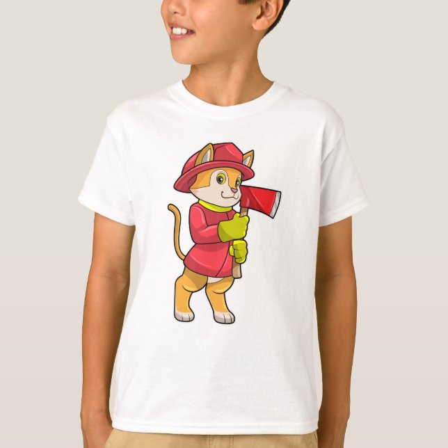 Cat as Firefighter with Axe T-Shirt (Front)
