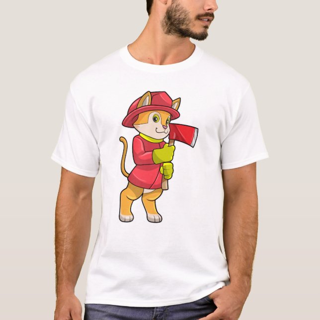 Cat as Firefighter with Axe T-Shirt (Front)