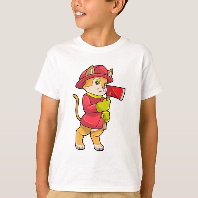 Cat as Firefighter with Axe T-Shirt (Front)
