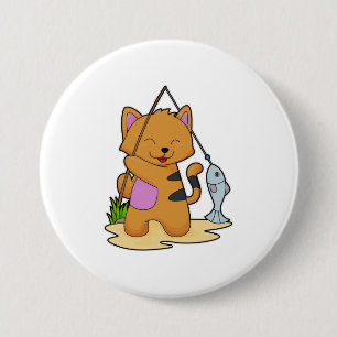 Cat as Fisher with Fishing rod & Fish 3 Inch Round Button