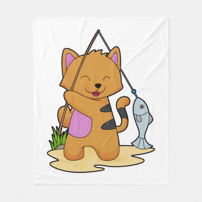 Cat as Fisher with Fishing rod & Fish Fleece Blanket (Front)