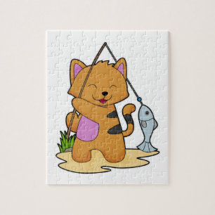 Cat as Fisher with Fishing rod & Fish Jigsaw Puzzle
