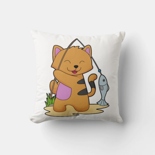 Cat as Fisher with Fishing rod & Fish Throw Pillow (Front)