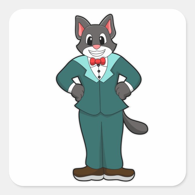 Cat as Groom with Suit & Ribbon Square Sticker (Front)