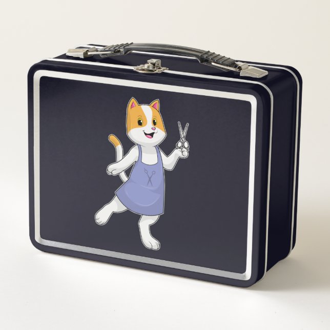 Cat as Hair stylist with Scissors Metal Lunch Box (Front)