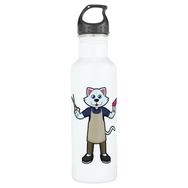 Cat as Hairdresser with Scissors & Hair dryer 710 Ml Water Bottle (Front)