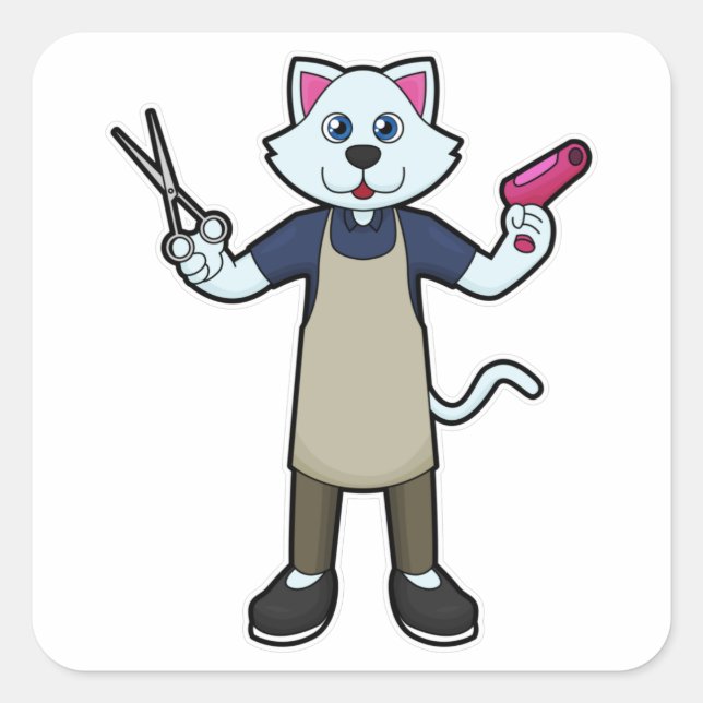Cat as Hairdresser with Scissors & Hair dryer Square Sticker (Front)