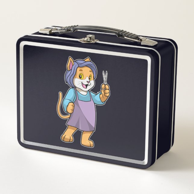 Cat as Hairdresser with Scissors Metal Lunch Box (Front)