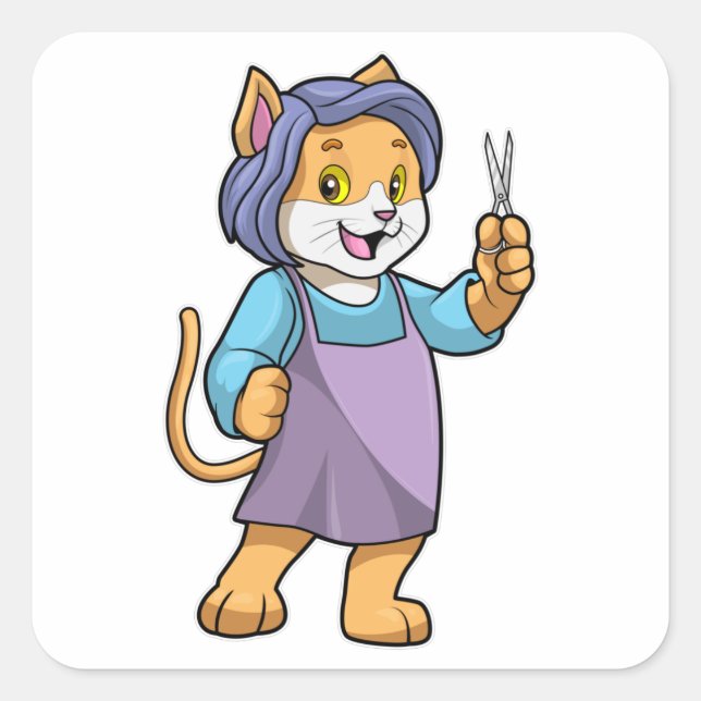 Cat as Hairdresser with Scissors Square Sticker (Front)