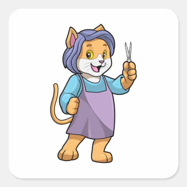 Cat as Hairdresser with Scissors Square Sticker (Front)