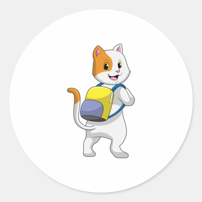 Cat as Hiker with Backpack Classic Round Sticker (Front)