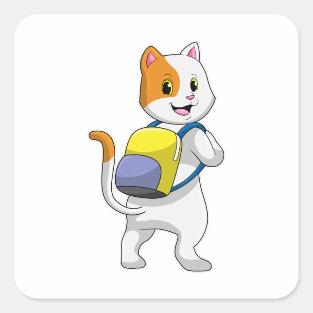 Cat as Hiker with Backpack Square Sticker (Front)