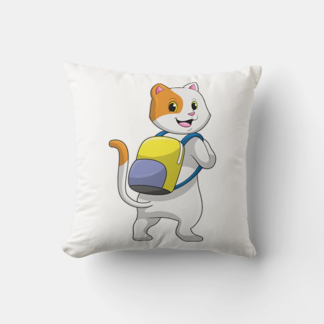 Cat as Hiker with Backpack Throw Pillow (Front)