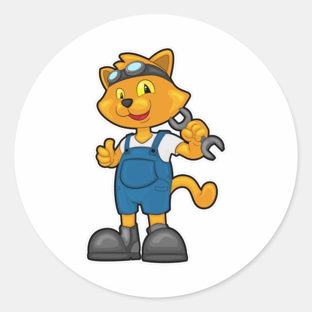 Cat as Mechanic with Spanner Classic Round Sticker (Front)