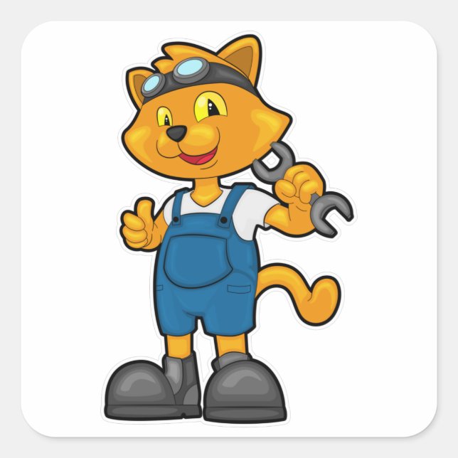 Cat as Mechanic with Spanner Square Sticker (Front)