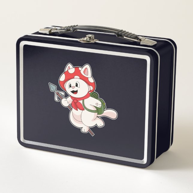Cat as Mushroom picker with Mushroom Metal Lunch Box (Front)