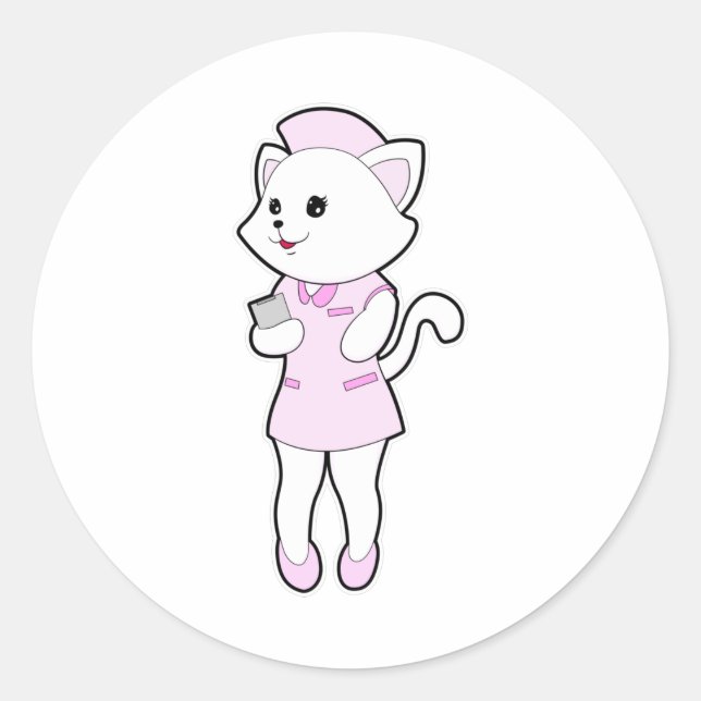 Cat as Nurse with Notepad Classic Round Sticker (Front)