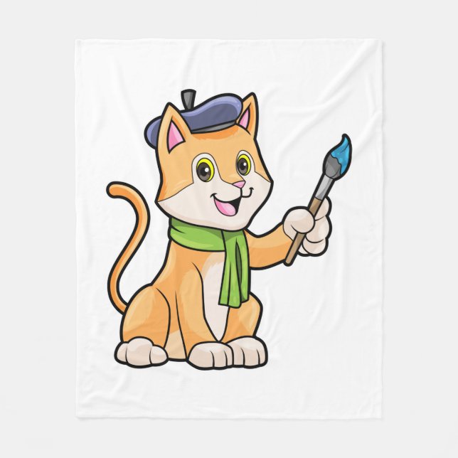 Cat as Painter with Brush & Scarf Fleece Blanket (Front)