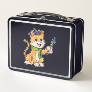 Cat as Painter with Brush & Scarf Metal Lunch Box