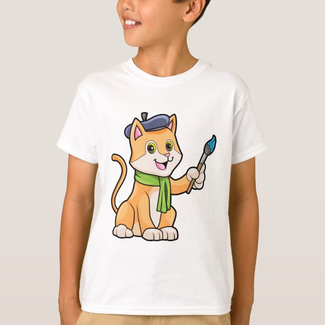 Cat as Painter with Brush & Scarf T-Shirt (Front)