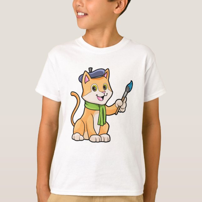 Cat as Painter with Brush & Scarf T-Shirt (Front)