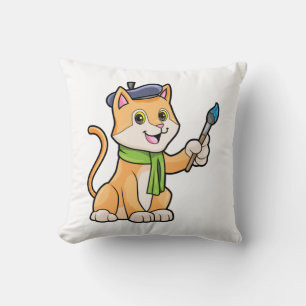 Cat as Painter with Brush & Scarf Throw Pillow